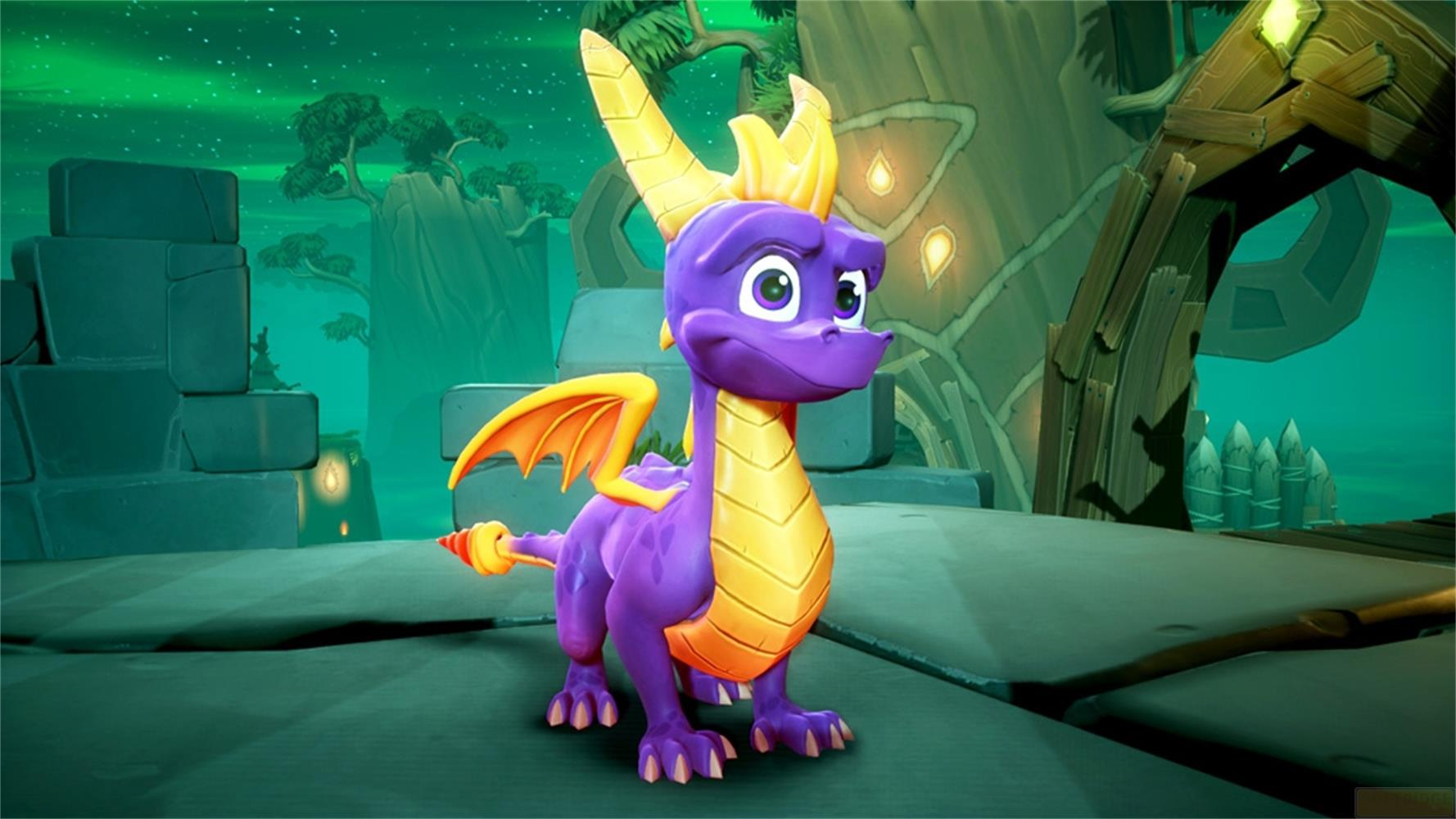 Ein violetter Drache mit gelben Flügeln steht auf einer Plattform.