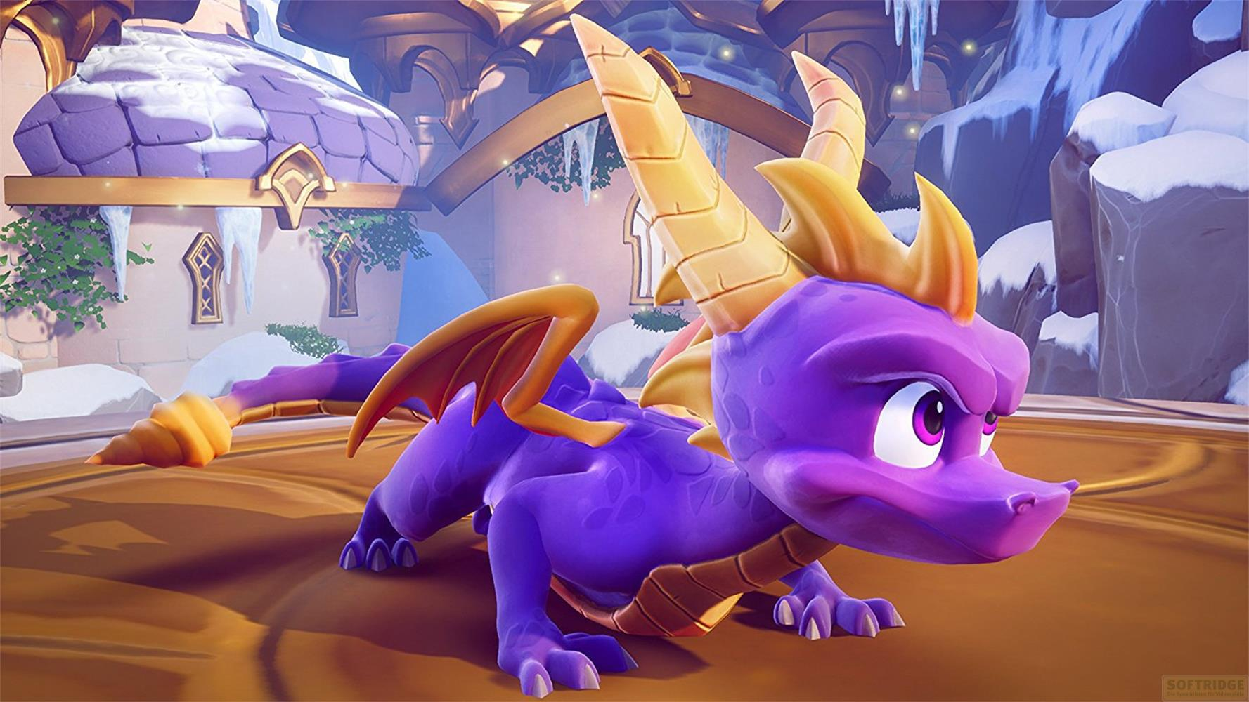 Lila Drache mit gelben Hörnern und Flügeln in einer verschneiten, eisigen Umgebung mit lila Gebäuden.