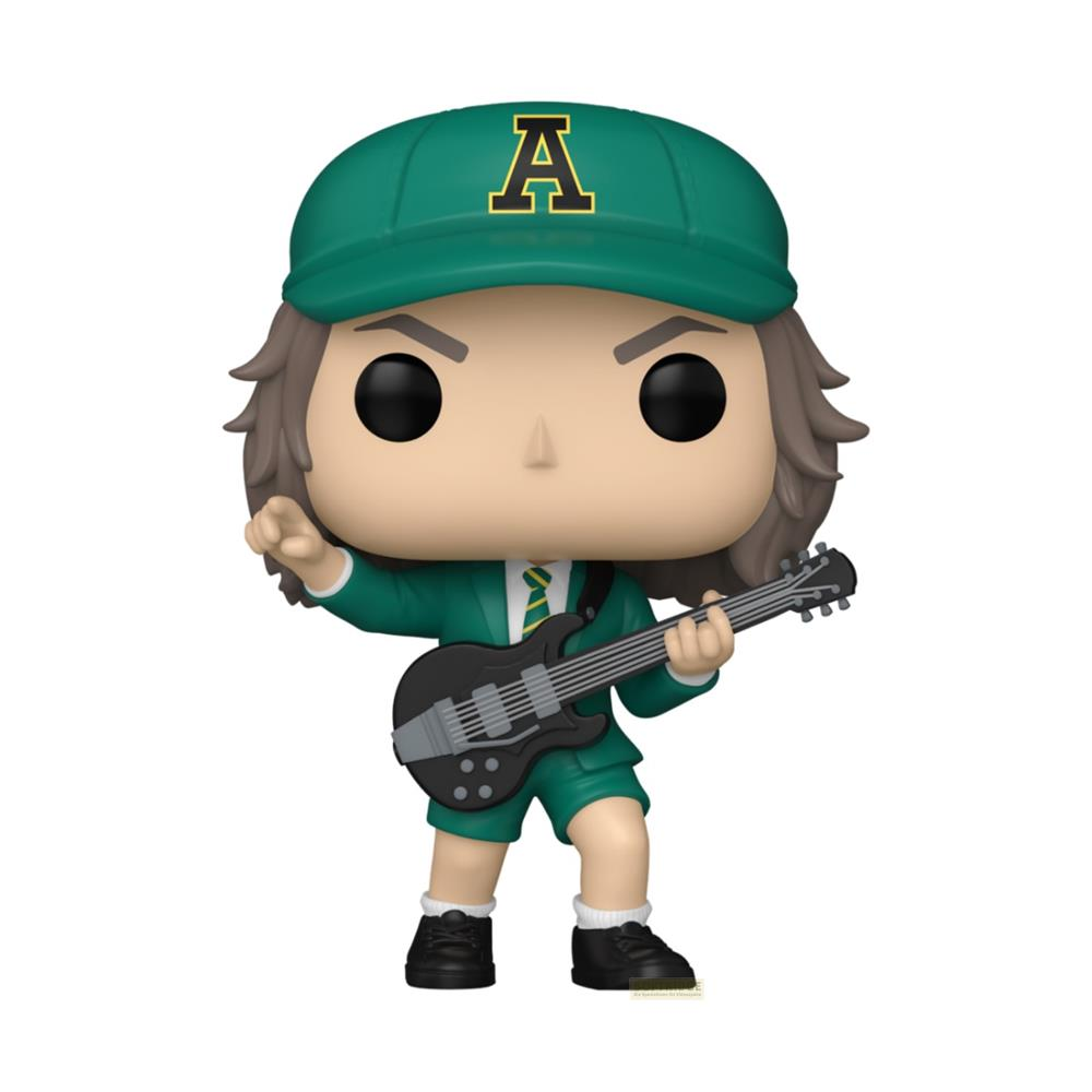 Una figura con gorra verde con A, chaqueta verde, shorts y guitarra.