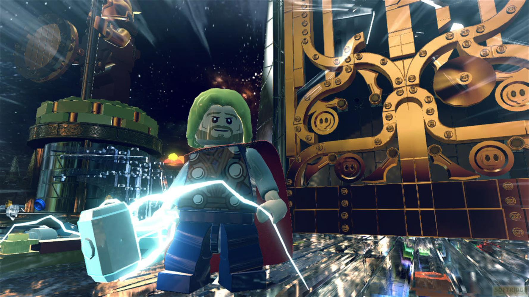 Lego Thor avec marteau émettant des éclairs, devant une structure dorée.