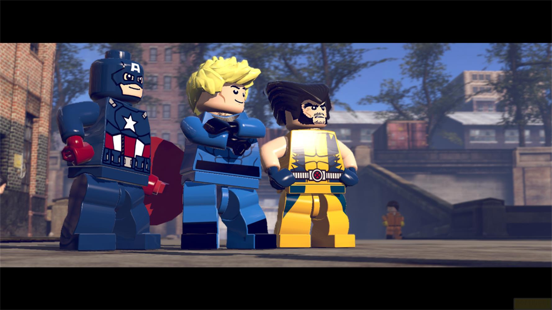 Lego Captain America, Mr. Fantastic et Wolverine devant une scène de ville.