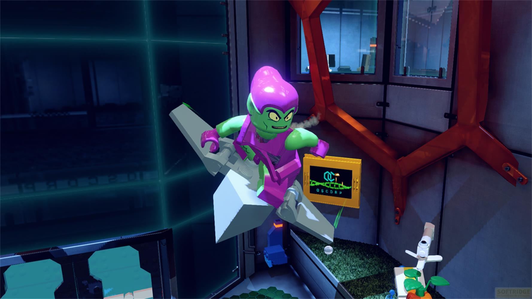 Un personnage Lego vert en tenue violette vole sur une planche planeur.