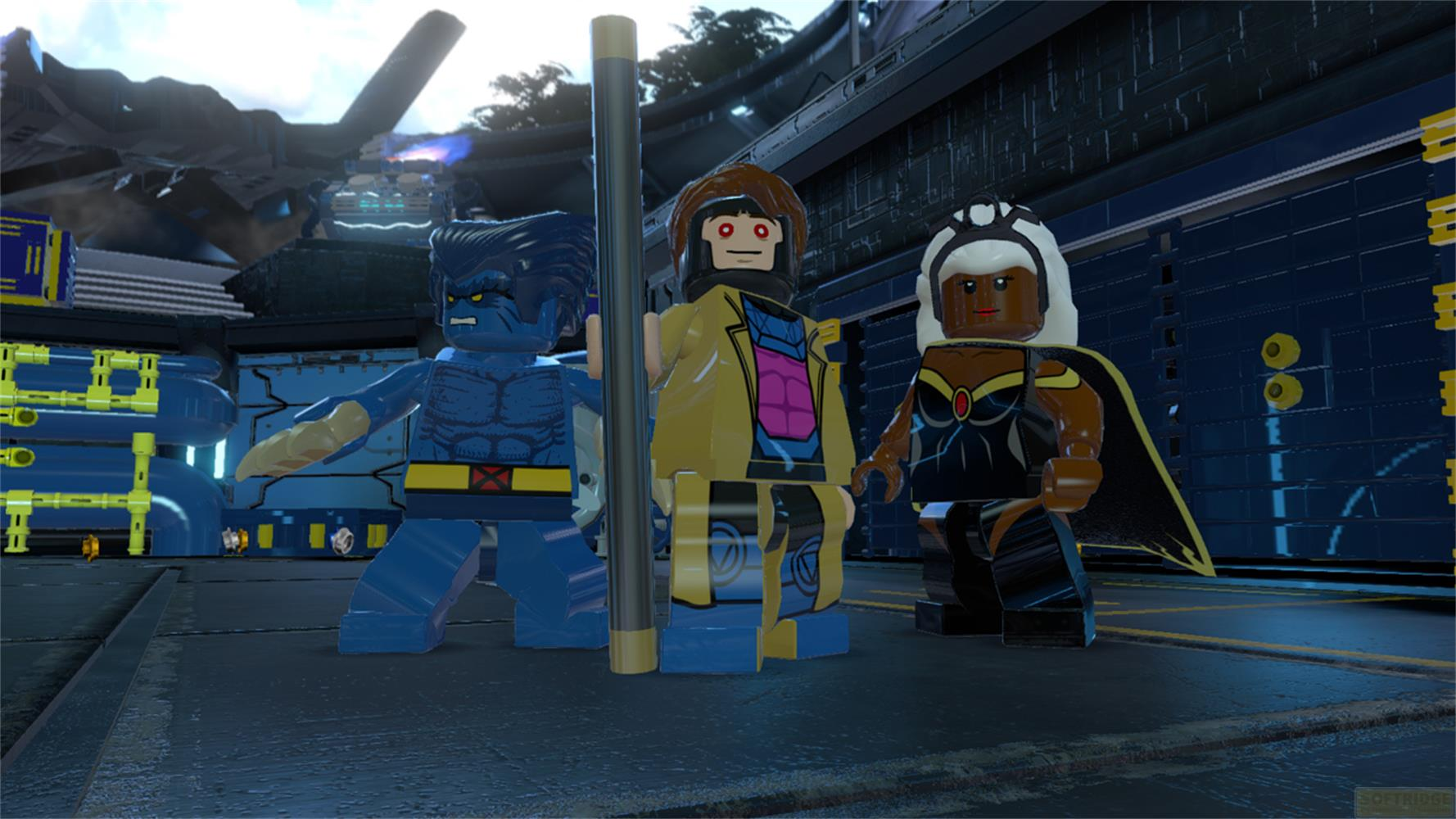 Trois figurines Lego : Beast, Gambit et Storm, devant un décor futuriste.