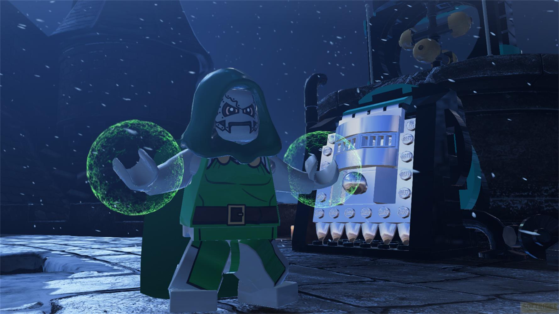 Lego Dr. Doom avec des orbes d'énergie verte dans un environnement glacial et enneigé.