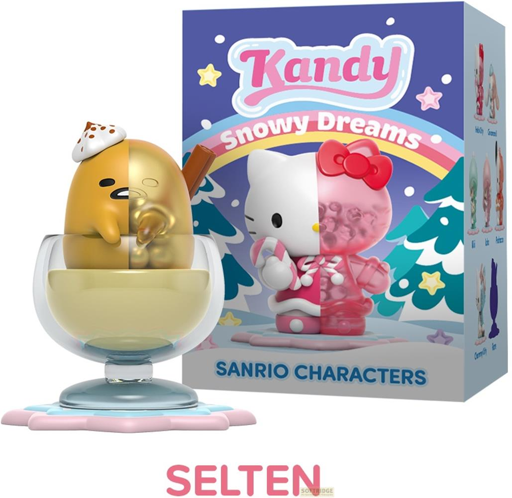 Figurines Gudetama et Hello Kitty dans un verre, sur l'emballage "Kandy Snowy Dreams".