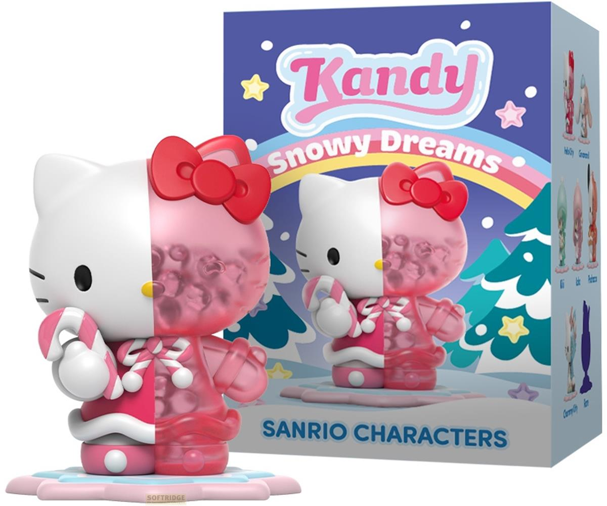 Figurine Kandy Hello Kitty "Rêves enneigés" avec canne à sucre, rose et blanc.