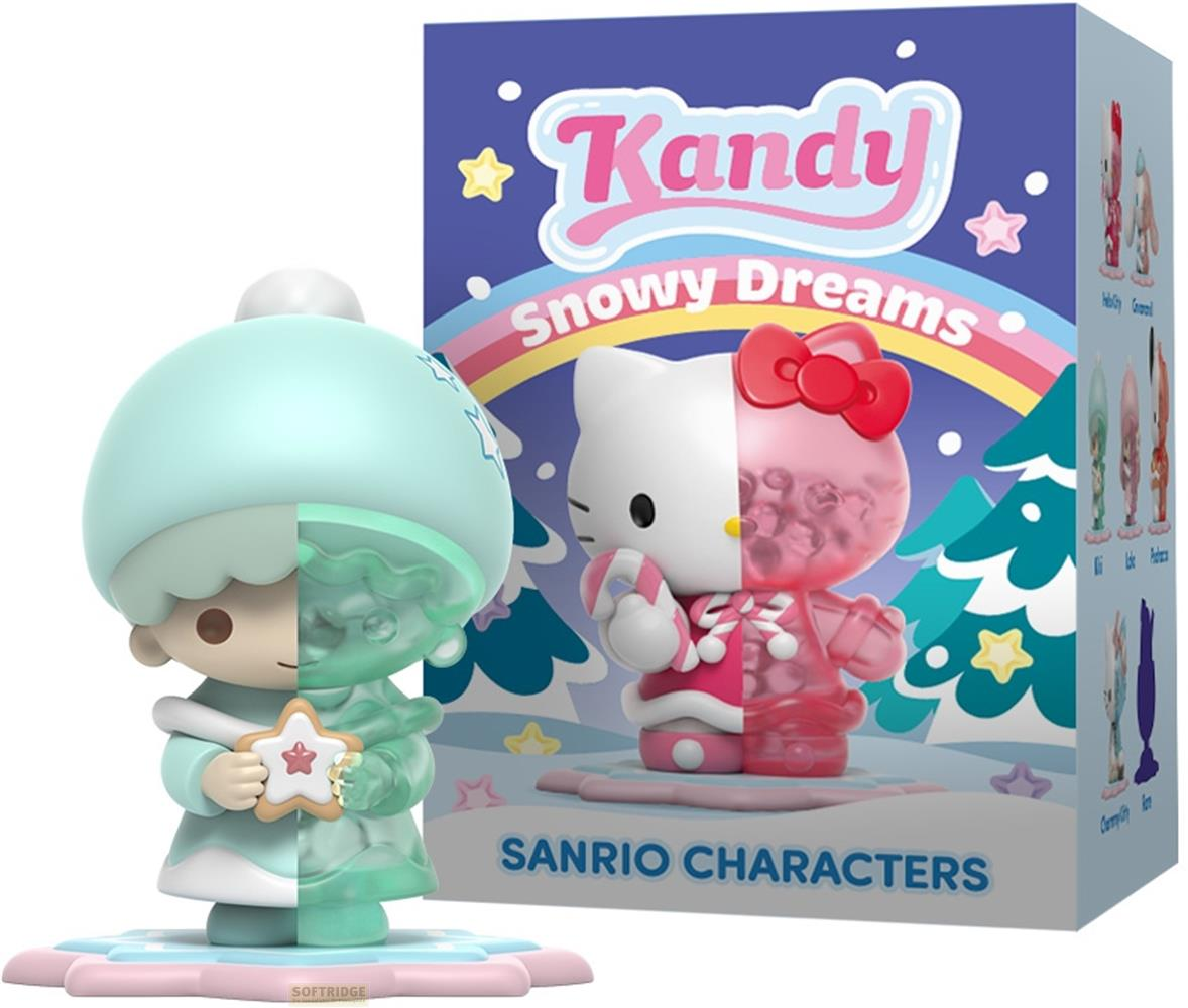 Deux figurines Sanrio, l'une avec une étoile, l'autre semi-transparente, dans une scène enneigée.