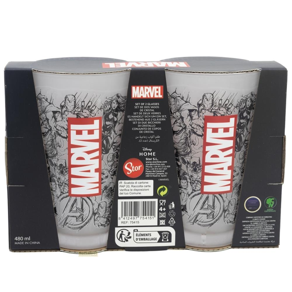 Dos vasos Marvel con diseños de héroes en embalaje.