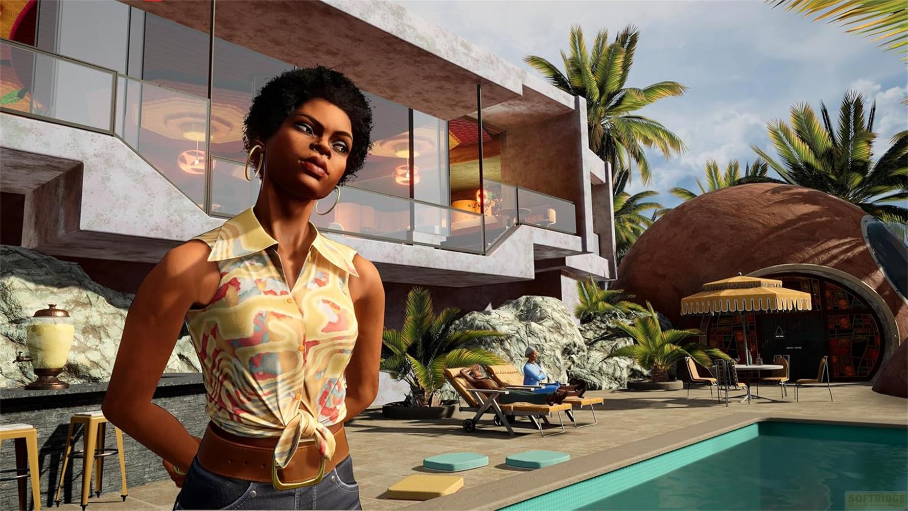 Donna in camicia colorata davanti a casa moderna con palme e piscina.
