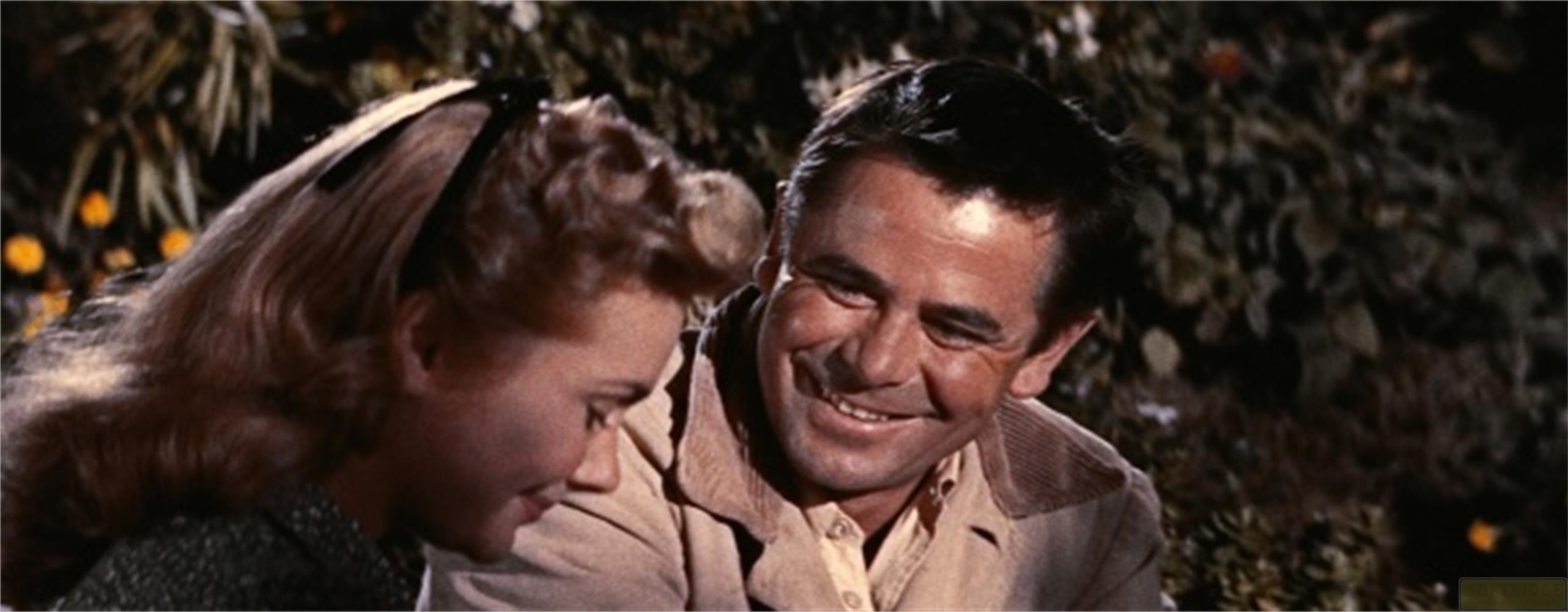 Un uomo e una donna si sorridono, circondati da fogliame scuro e accenti arancioni.