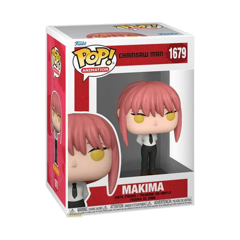 Funko Pop Makima Figur aus Chainsaw Man, mit rosa Haaren und gelben Augen.