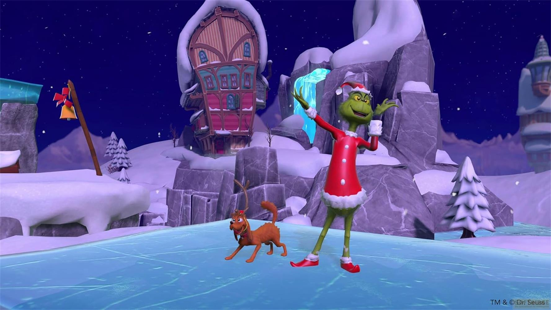 Der Grinch im Weihnachtsmannkostüm steht mit seinem Hund Max auf Eis. Eine Hütte und Berge im Hintergrund.
