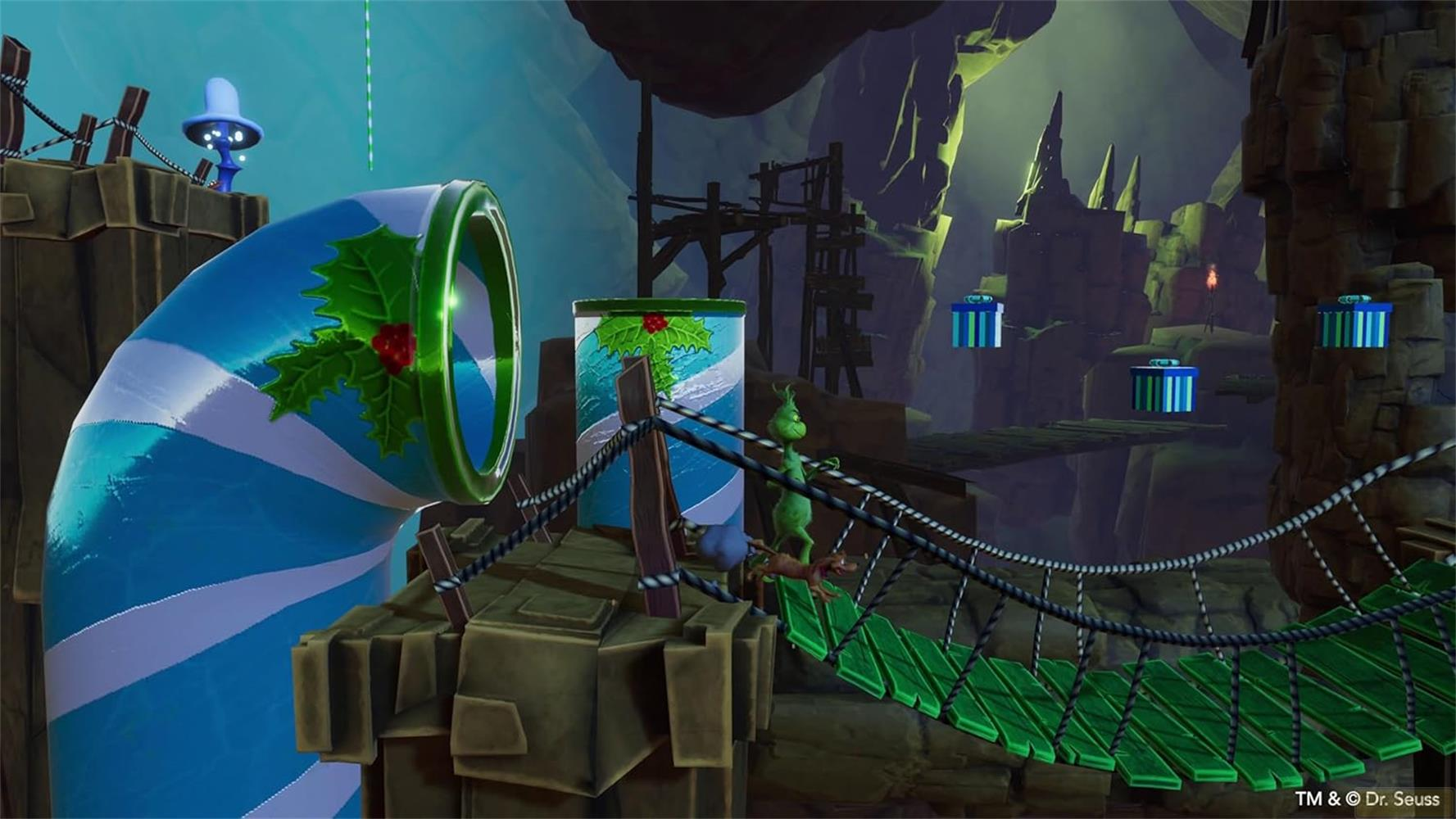 Der Grinch und Max auf einer Hängebrücke mit Geschenken und Rohren.