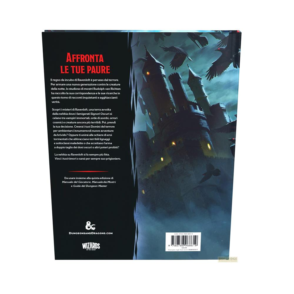 Dunkle Burg mit Raben im Himmel, Buchcover mit italienischem Text.