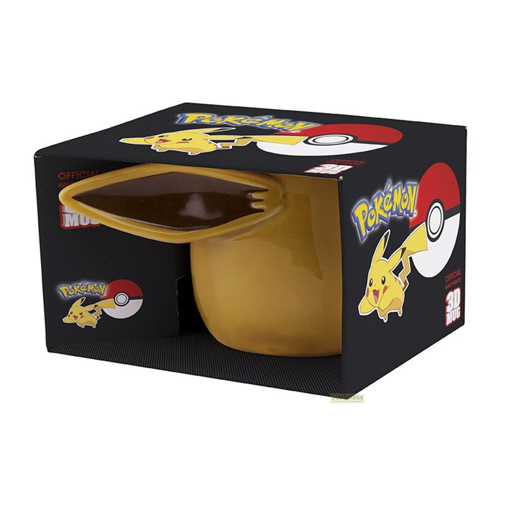 Gelbe Pikachu-Tasse in Pokémon-Verpackung mit Pokeball-Motiv.