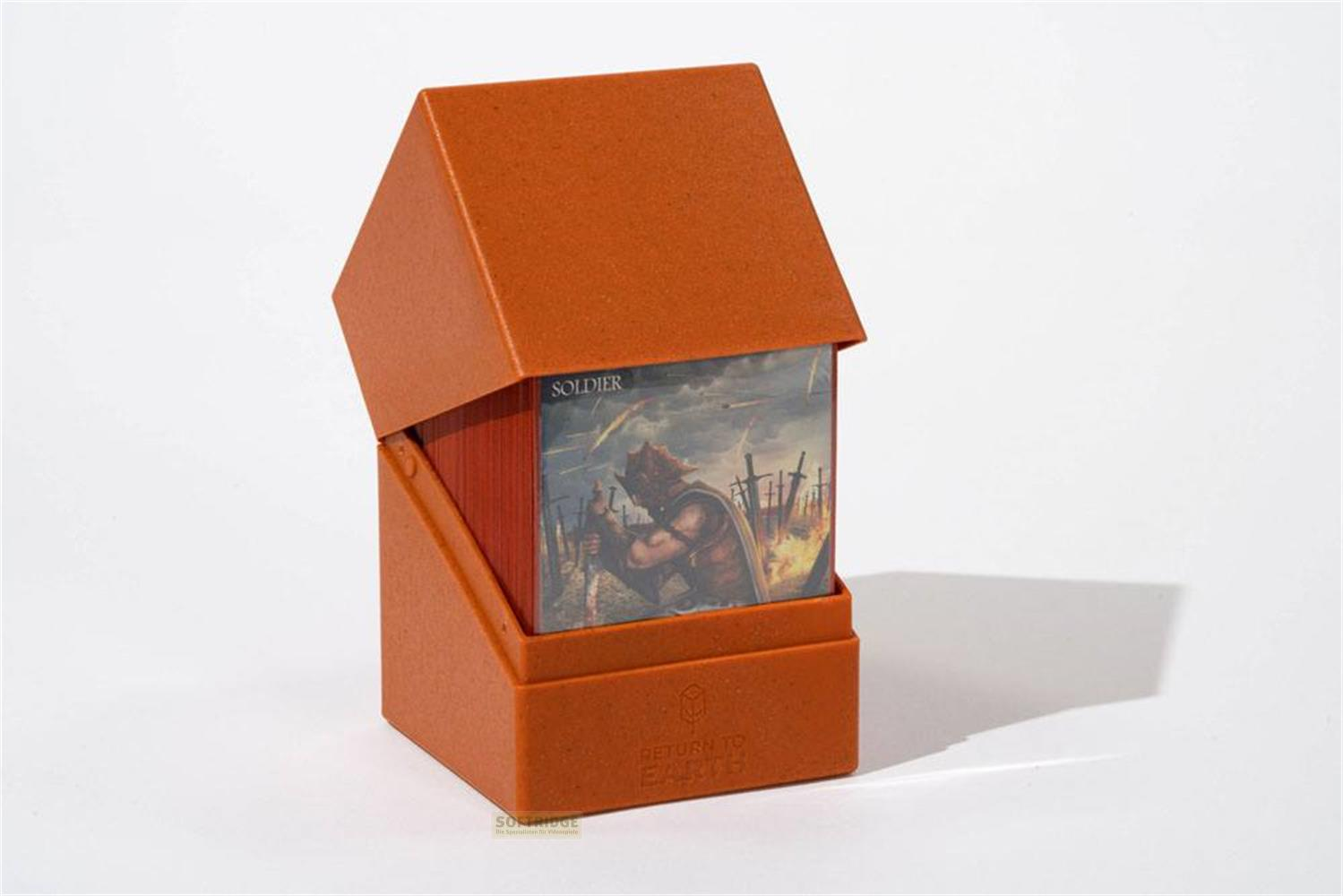 Portamazzi arancione con una carta fantasy raffigurante un soldato in un campo di spade.