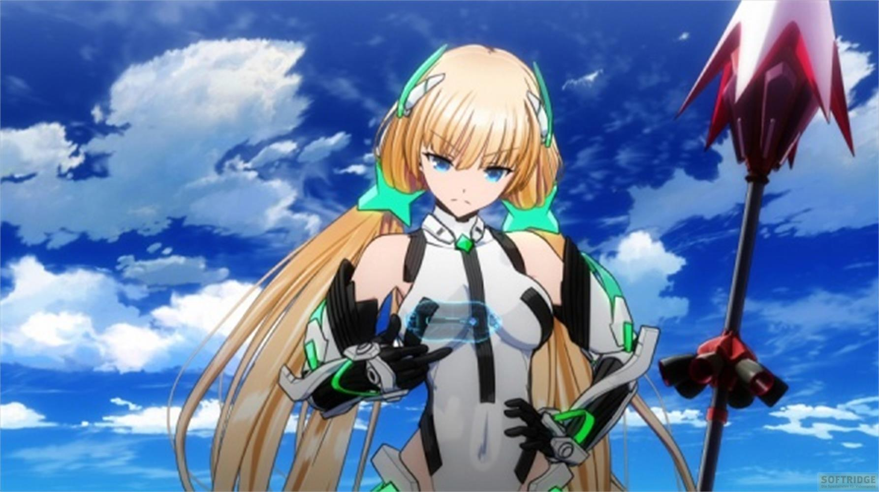 Fille d'anime aux cheveux blonds et aux yeux bleus tient une lance dans un ciel bleu.