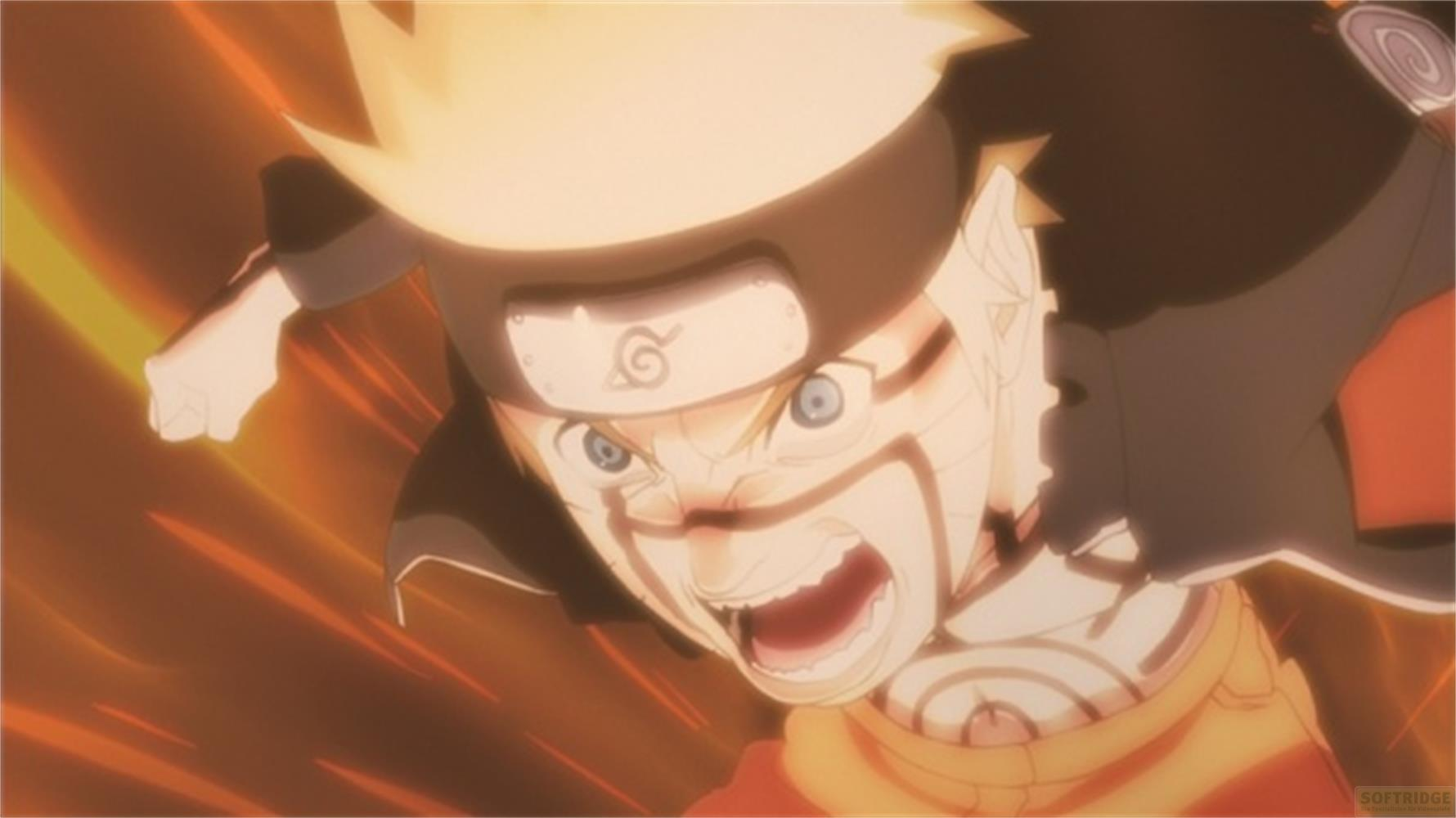 Naruto Uzumaki en action, cheveux blonds, yeux bleus, criant avec colère.