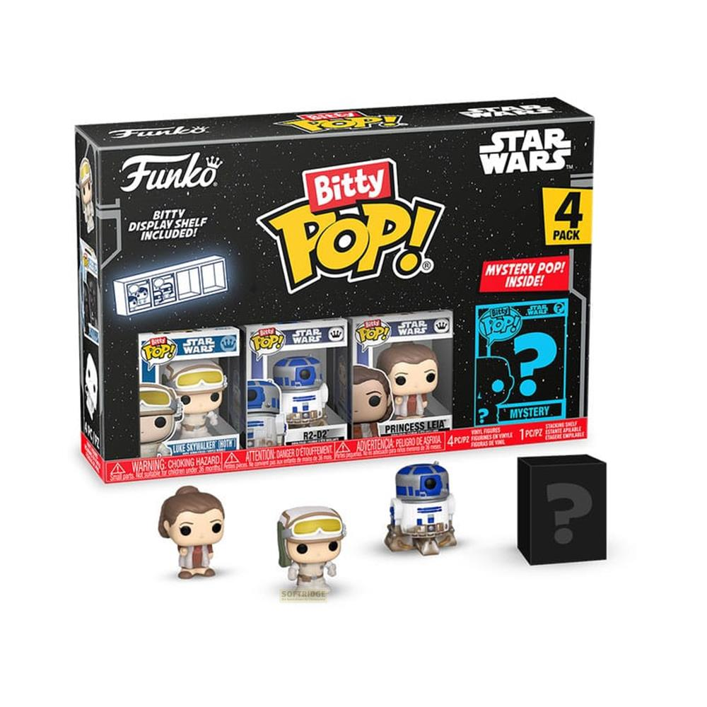 Funko Bitty Pop Star Wars paquete de 4 con Luke, R2-D2, Leia y figura misteriosa.