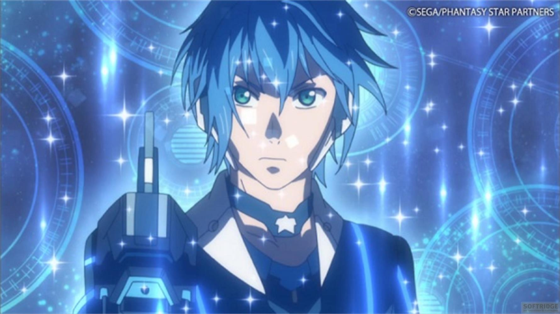 Personaggio anime con capelli blu e occhi verdi tiene un'arma su sfondo blu stellato.
