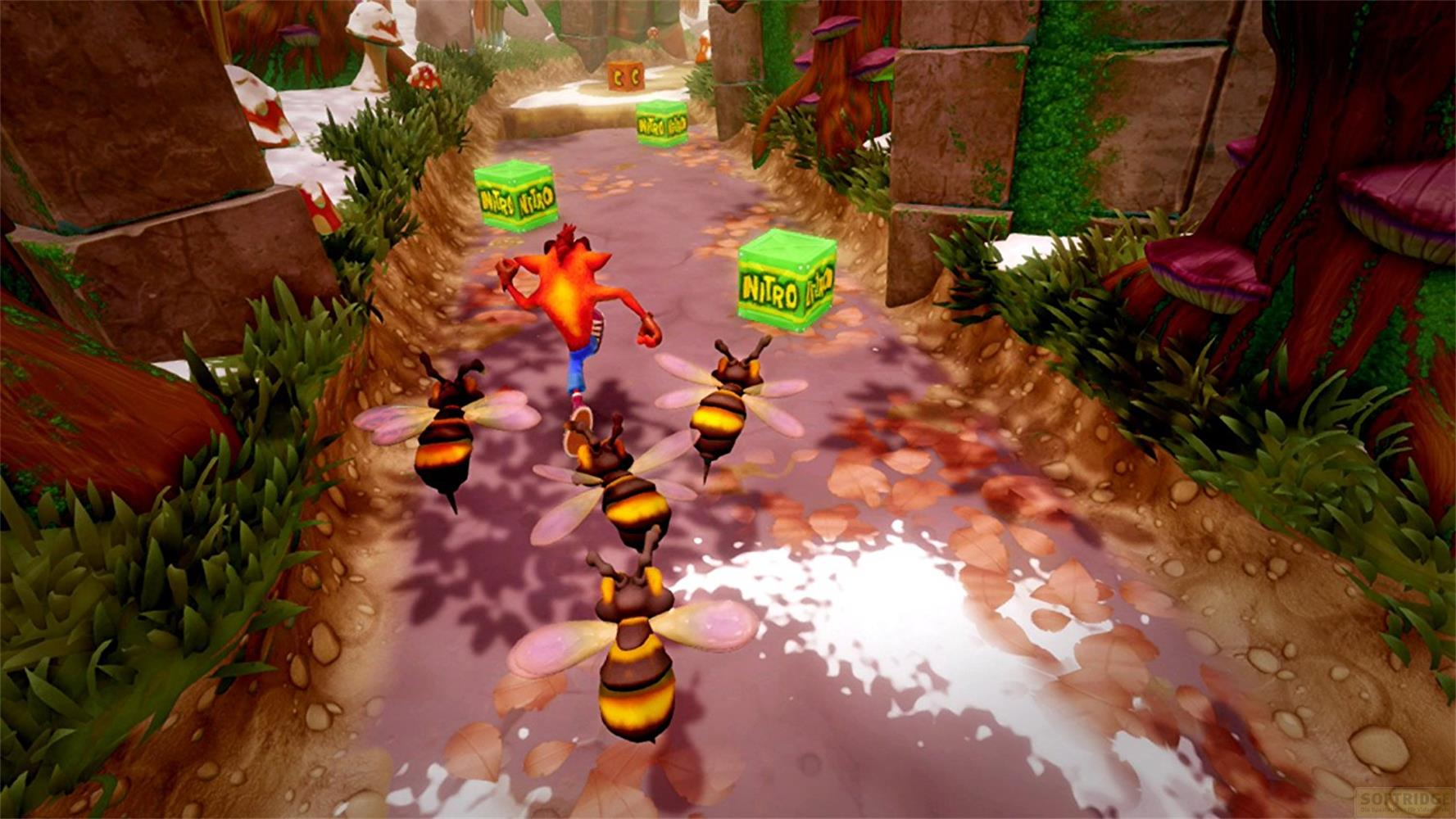 Crash Bandicoot ucieka przed pszczołami po ścieżce z nitro-skrzynkami.