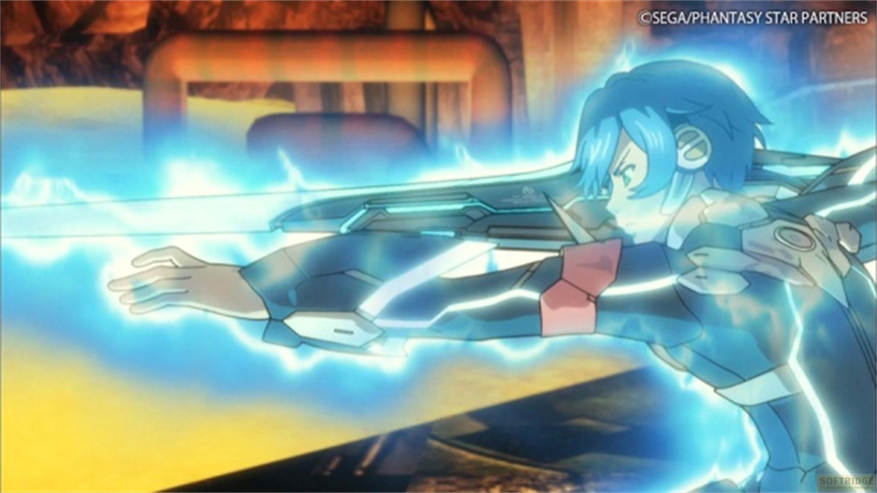 Un personaggio anime dai capelli blu in armatura luminosa impugna una spada energetica.