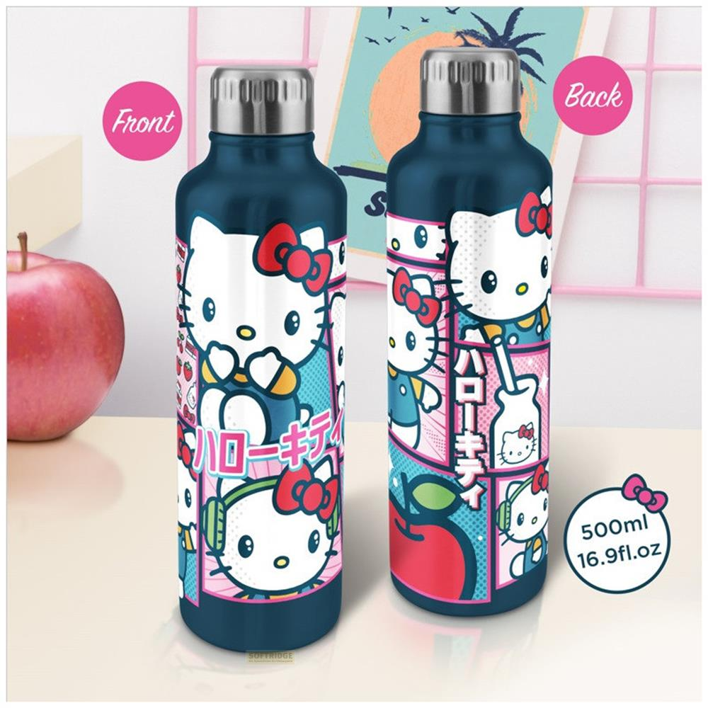 Ciemnoniebieska butelka Hello Kitty z paskami komiksowymi, jabłkiem i oznaczeniem 500 ml.