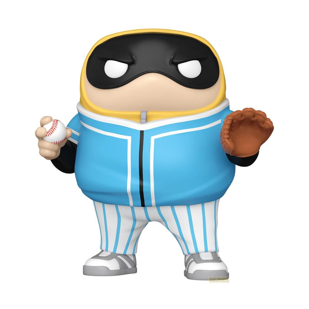 Eine Figur in blauer Jacke und gestreiften Hosen hält einen Baseball und trägt einen Handschuh.