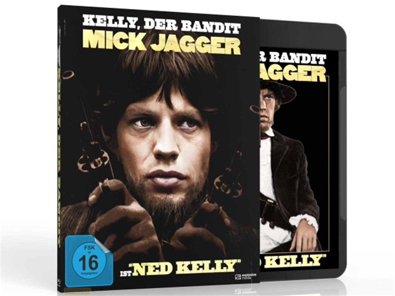 Mick Jagger nei panni di Ned Kelly con pistole, su copertina di un film.