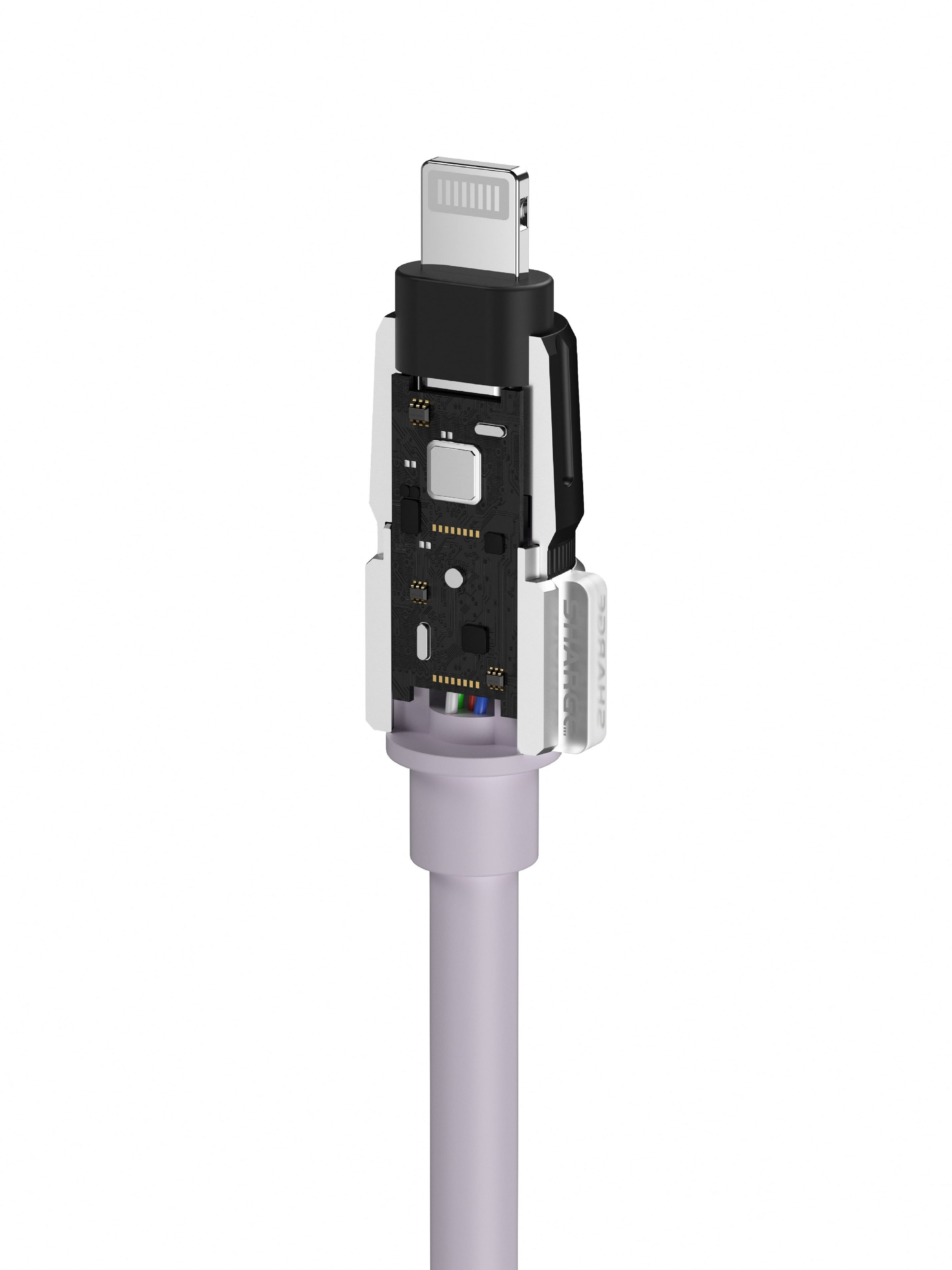 Un connecteur de câble Lightning avec circuit imprimé exposé, composants gris et noirs.