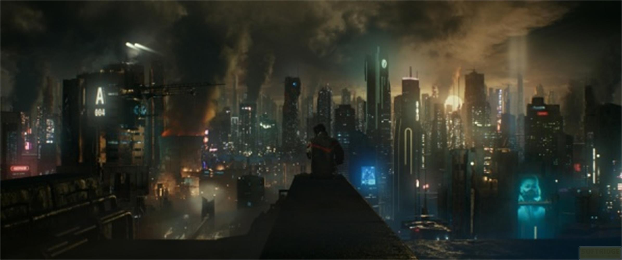 Città futuristica di notte con un uomo su un tetto e veicoli volanti.