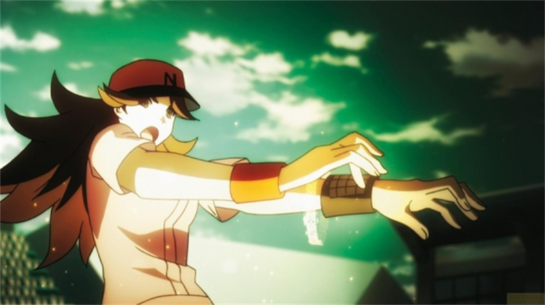Personaggio anime in abbigliamento da baseball con cappellino rosso, che si allunga.