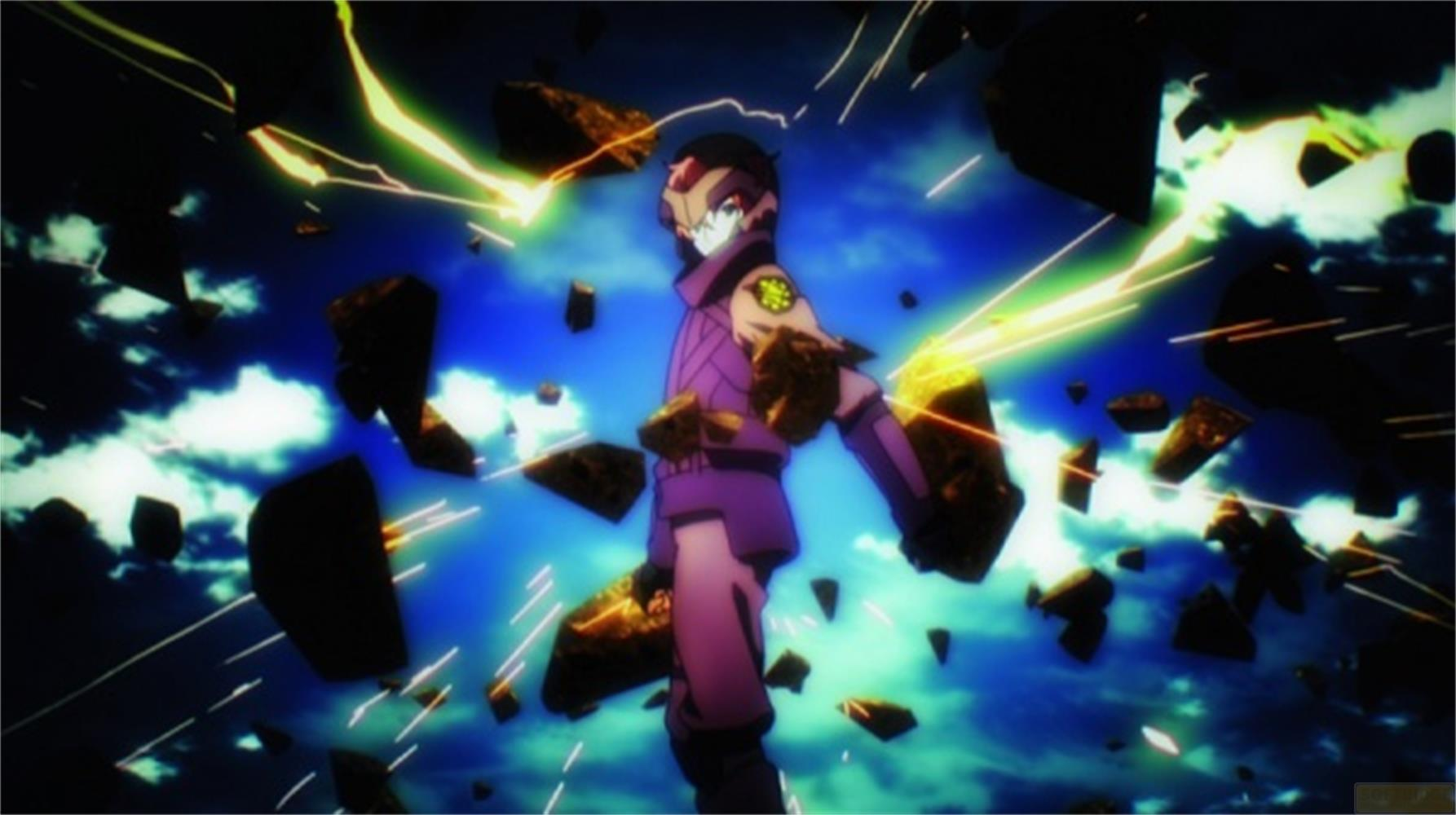 Personaggio anime in abito viola contro cielo blu con detriti e raggi di luce.