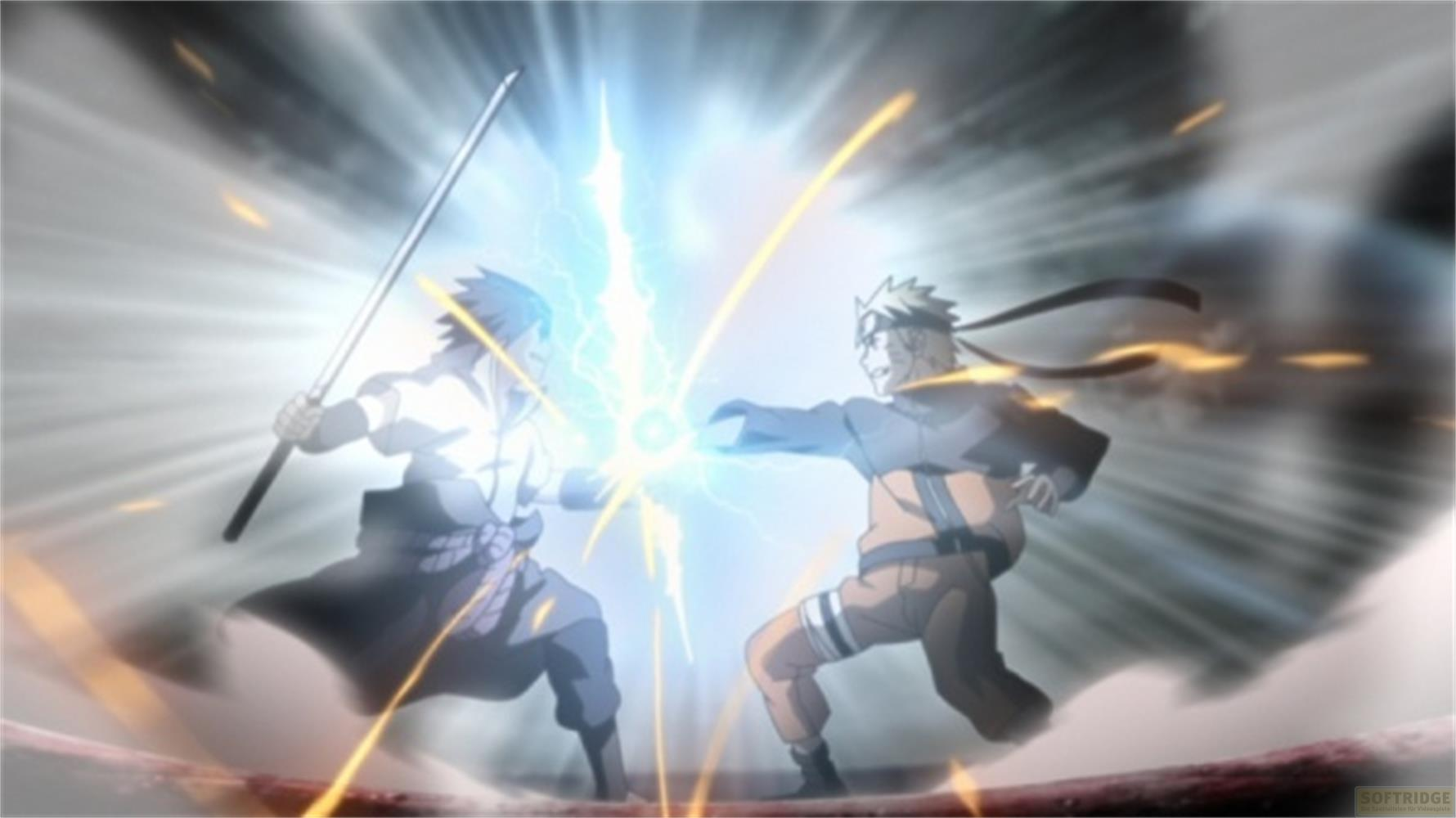 Naruto e Sasuke si scontrano con esplosioni di energia e spade.