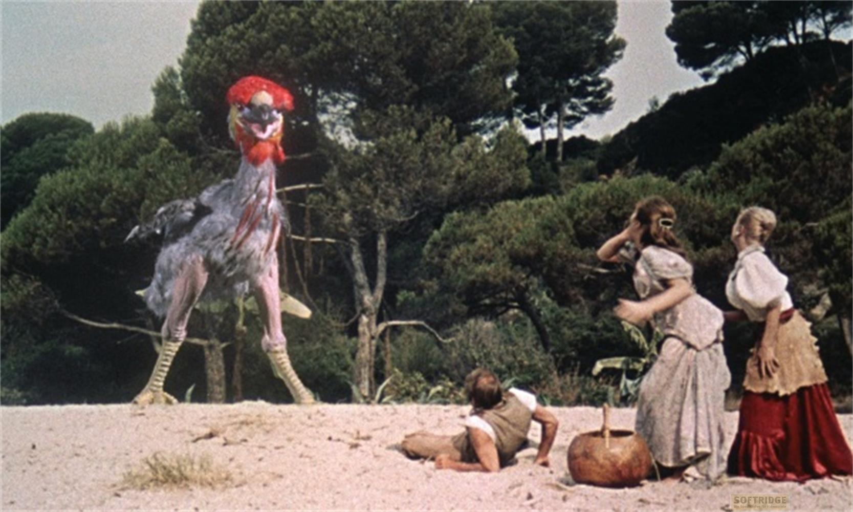 Un oiseau préhistorique à crête rouge menace deux femmes et un homme en plein air.