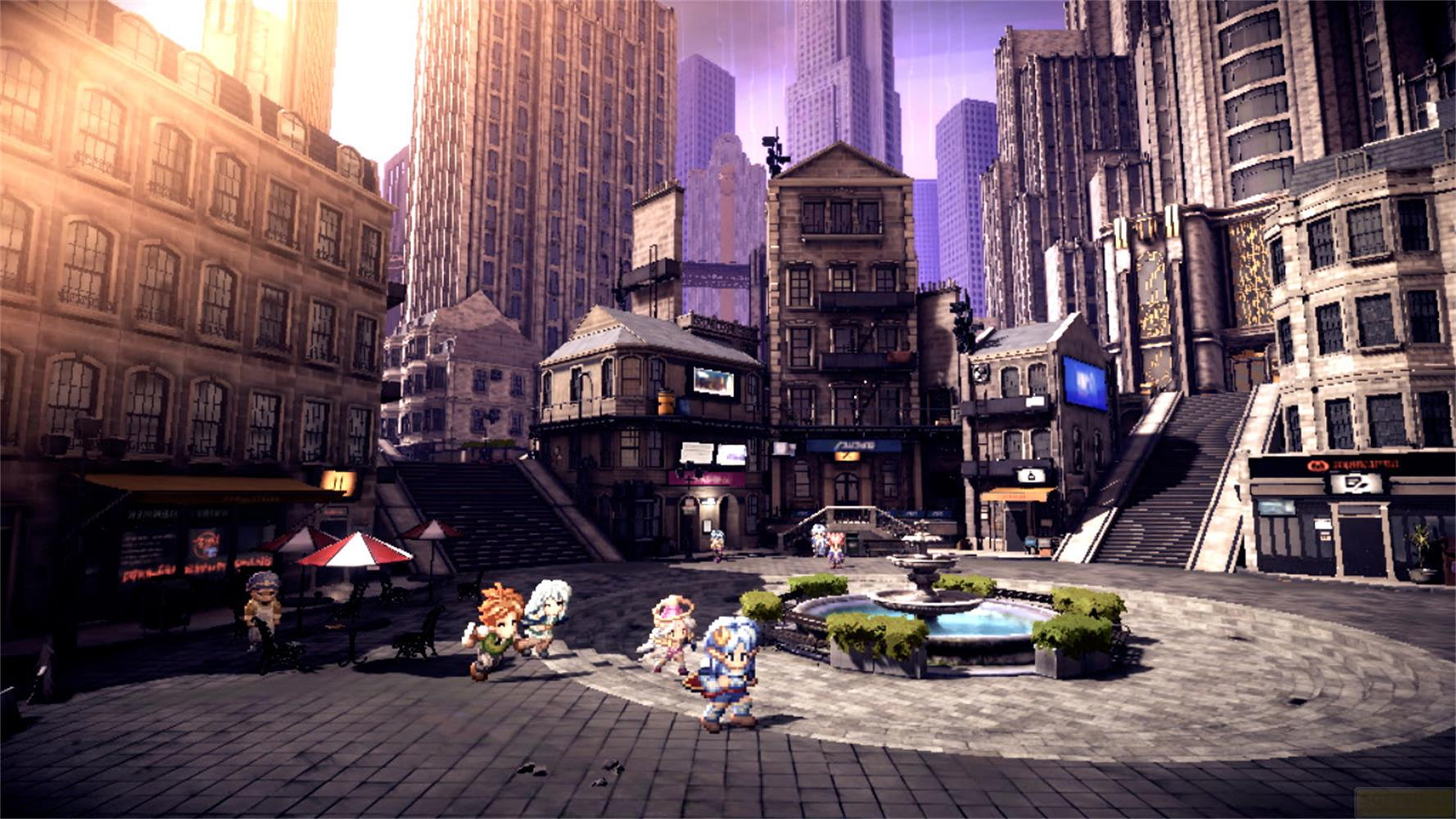 Pixele Stadt mit Figuren vor einem Brunnen und hohen Gebäuden im Sonnenlicht.