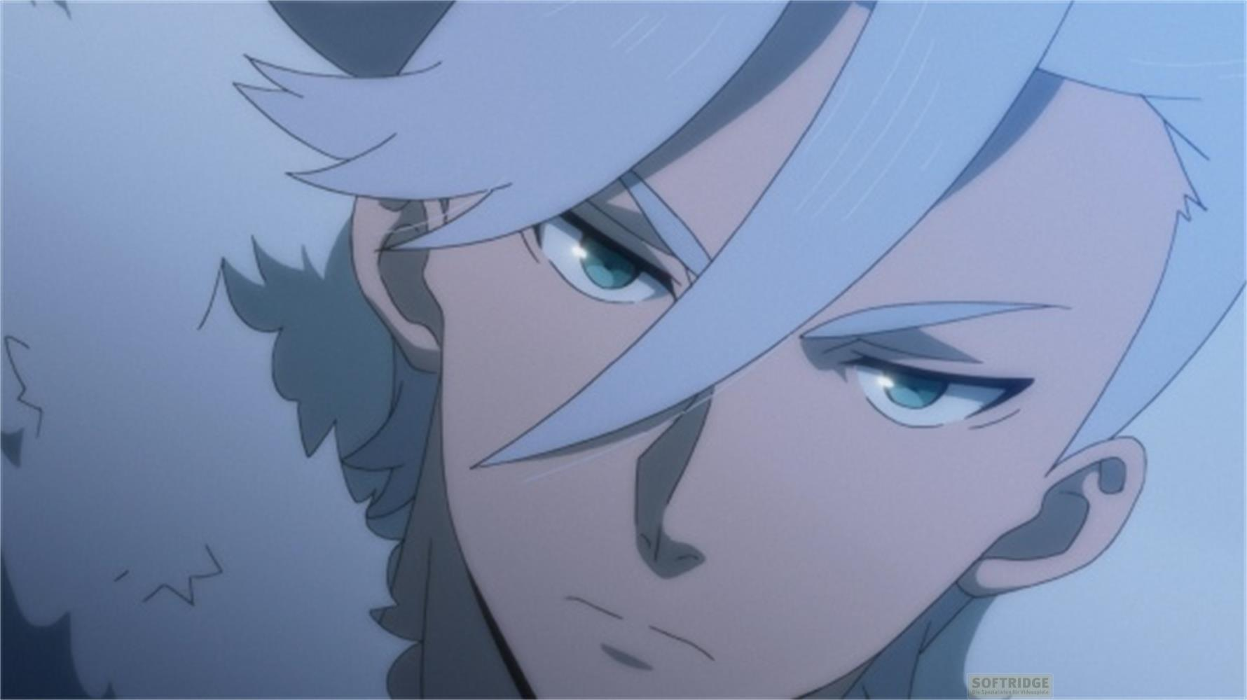 Ein Anime-Charakter mit weißen Haaren und türkisfarbenen Augen blickt nach unten.