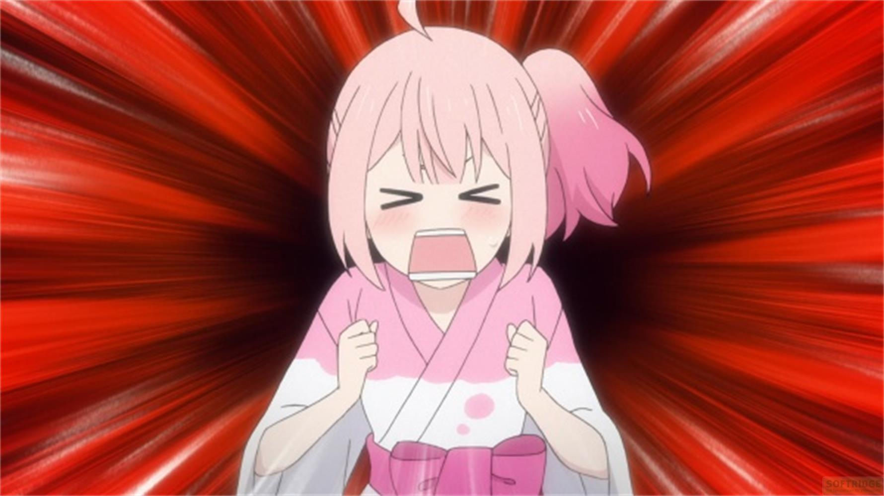 Ein Anime-Mädchen mit rosa Haaren in einem Kimono schreit und ballt die Fäuste.