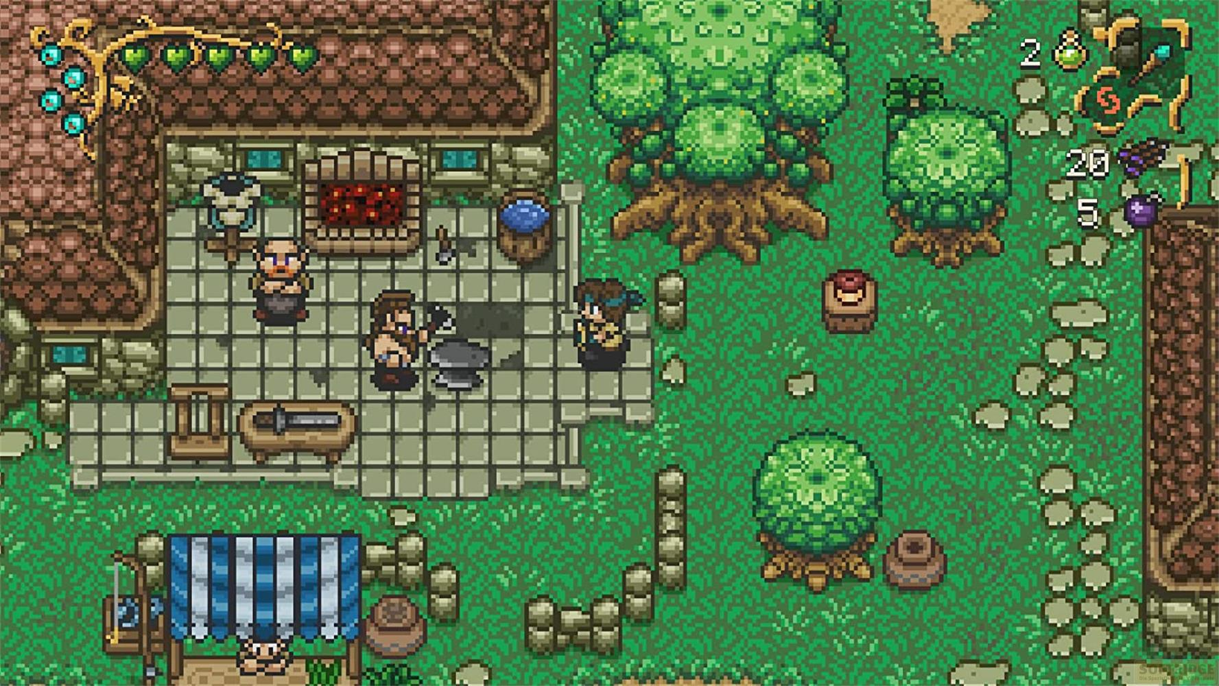Pixel-Art-Szene mit Schmiede, Charakteren, Bäumen und Gegenständen.