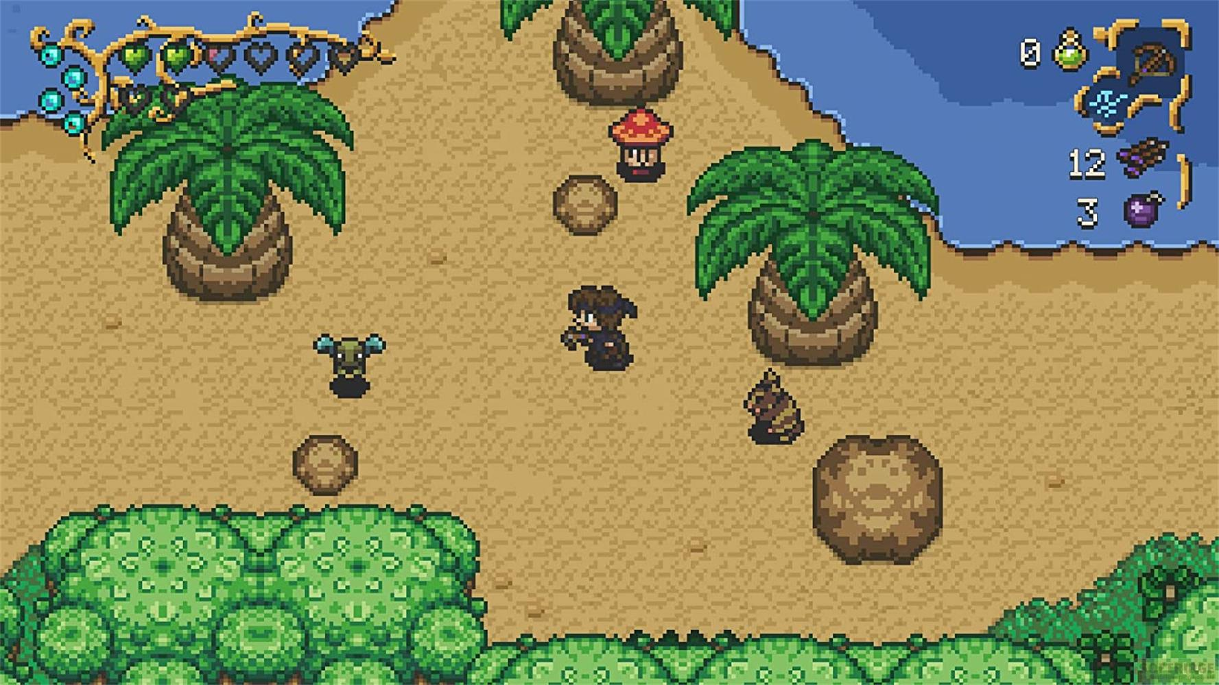 Pixel-Art-Szene: Ein Charakter geht über Sand zu Palmen und Meer.