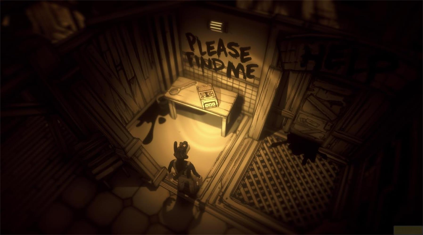 Eine Zeichentrickfigur vor einem Tisch mit einem Löffel und einem Aufnahmegerät. "PLEASE FIND ME" an der Wand.