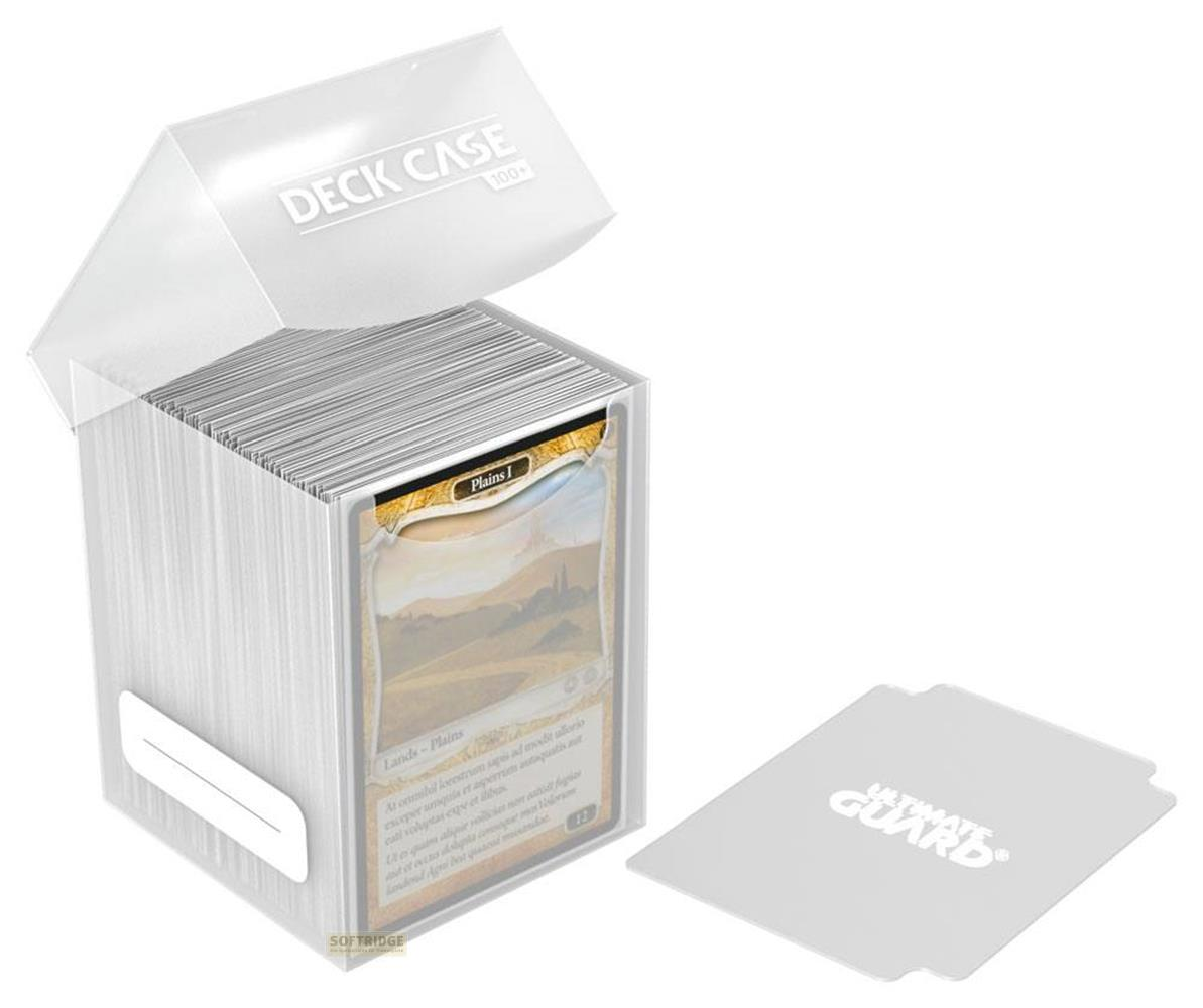 Boîte de deck transparente avec 100 cartes, une carte montre 'Plains I'.