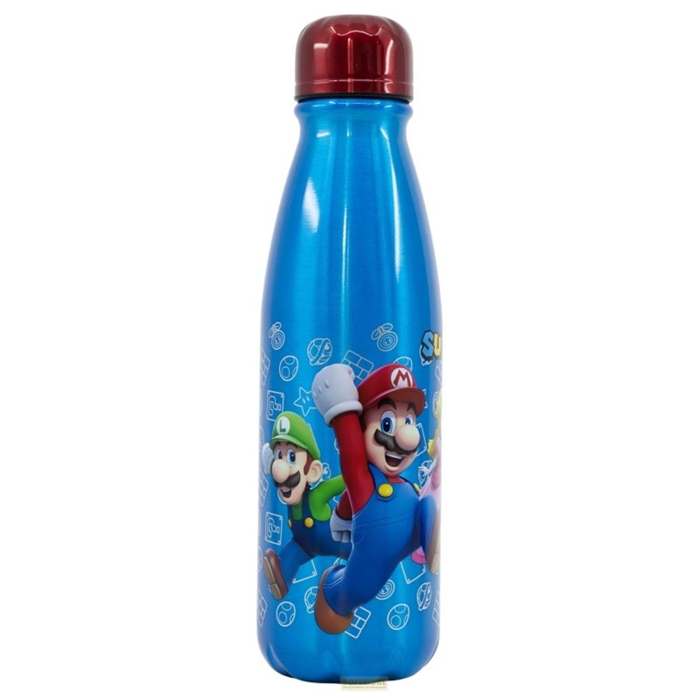 Blaue Metallwasserflasche mit Mario- und Luigi-Figuren aus Super Mario.