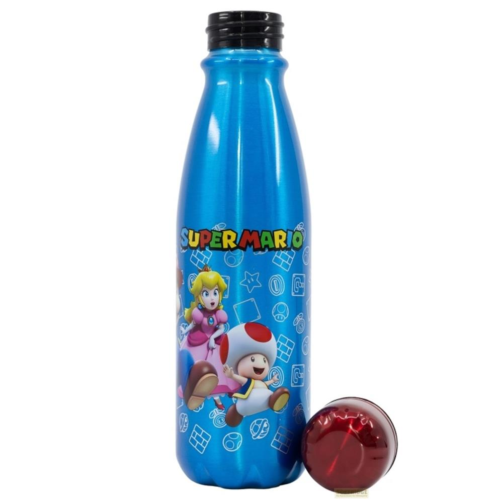 Blaue Super Mario Trinkflasche mit Prinzessin Peach und Toad. Roter Deckel daneben.