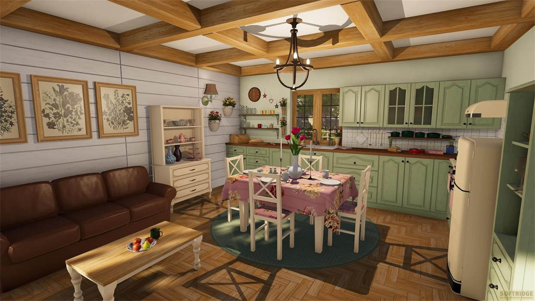 Gemütliches Wohnzimmer mit angrenzender Küche, brauner Couch, Esstisch, grünen Schränken.