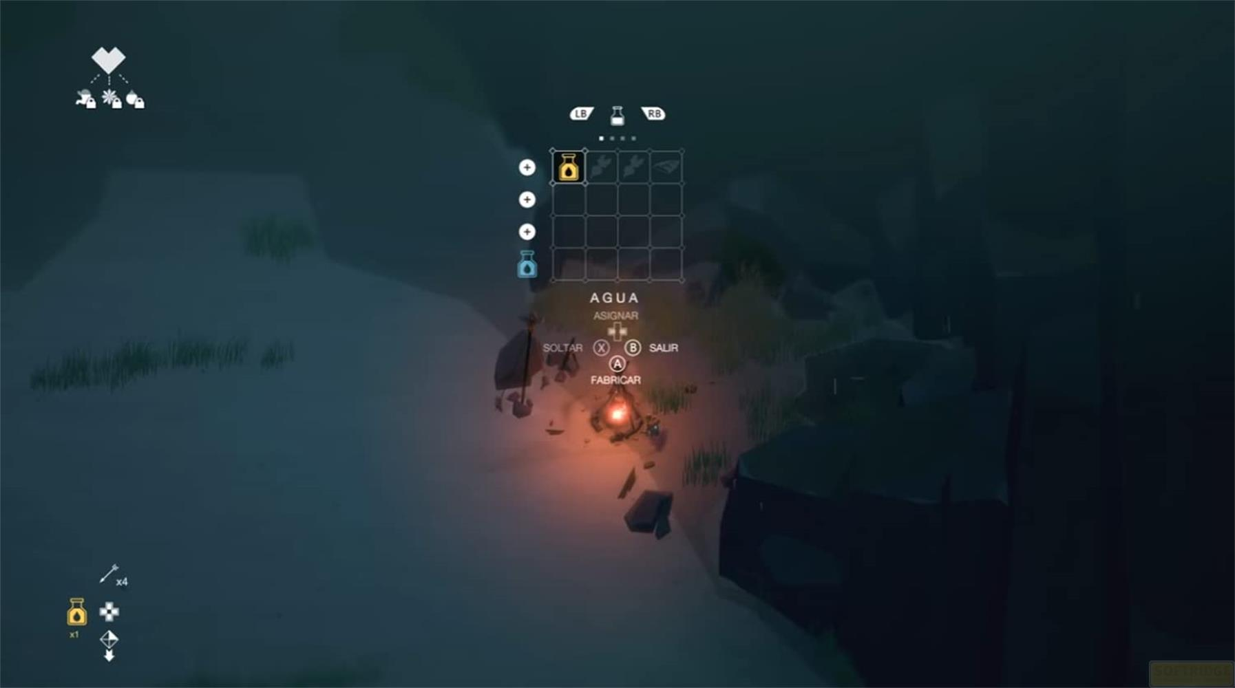 Spielmenü mit Inventar und Lagerfeuer auf felsigem Gelände bei Nacht.