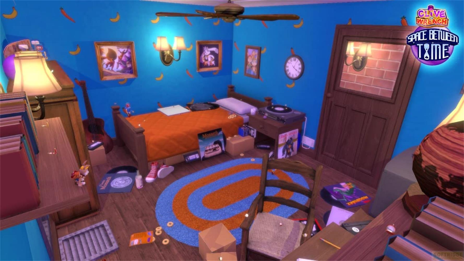 Ein blaues Zimmer mit Bananen an der Wand, einem Bett, Gitarre, Plattenspieler und Bücherregal.