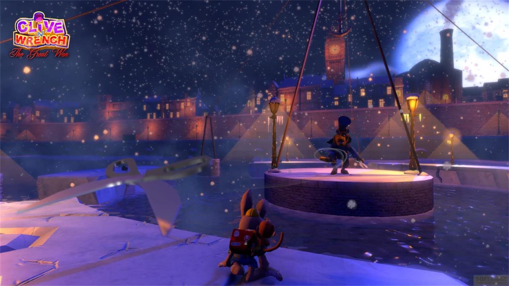 Eine Zeichentrickfigur mit Rucksack steht im Schnee vor einer Stadtkulisse mit Big Ben.