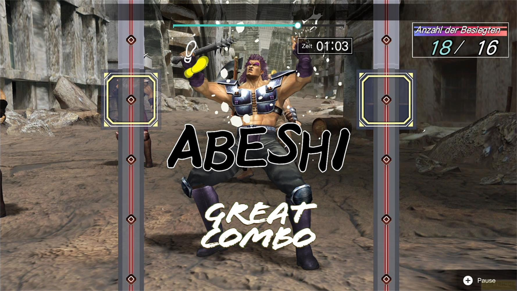 Ein muskulöser Mann mit lila Haaren hält eine Waffe. "ABESHI GREAT COMBO" steht groß da.