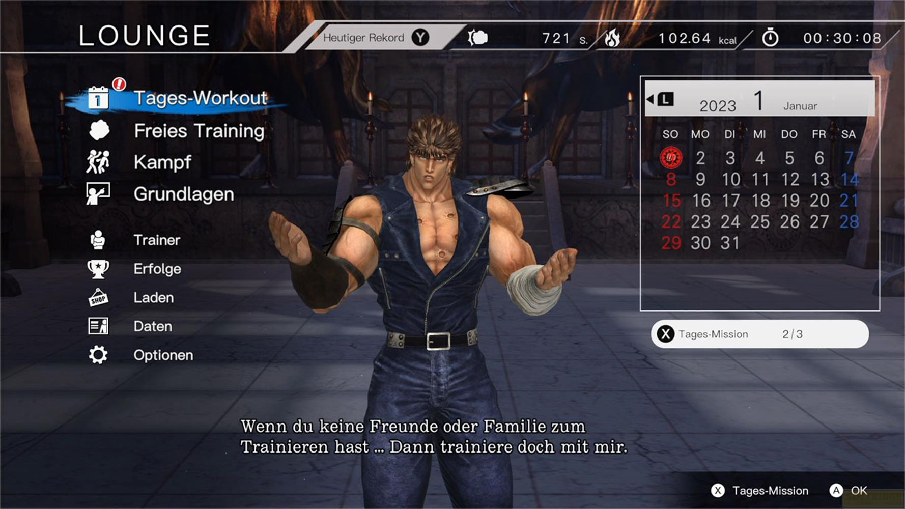 Ein muskulöser Mann in einer dunklen Weste steht vor einem Menü mit Trainingsoptionen und einem Kalender.